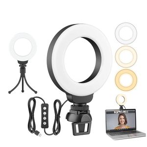 Ringlicht, Ringleuchte, Laptop, Desktop 4" Selfie-Licht, mit 3 Beleuchtungsmodi &10 Helligkeiten, Dimmbar, mit Clip & Stativ