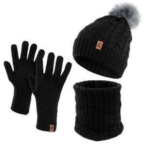 Damen Wintermütze Schlauchschal Handschuhe 3 teiliges Set | Warme Winter Mütze Schal Winterhandschuhe Beanie gefüttert schwarz