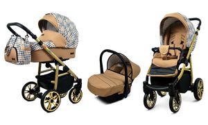Dětský vozík 3v1 Color Lux ALU hluboký, kočárek, autosedačka BabyLux -Gold Houndstooth
