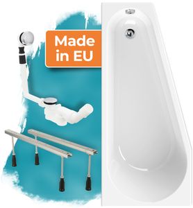 Calmwaters® Raumsparende Eckbadewanne 160x70 cm Essential Small,  EU, 3in1 Acryl-Badewanne mit Wannenfüßen & Ablaufgarnitur, platzsparende Badewanne rechte Ausführung, 160 x 70 cm, Weiß