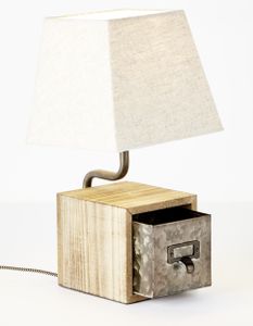 Tischlampe, Schublade, 34x17x17cm, E27, max. 25W, Metall/Holz/Textil