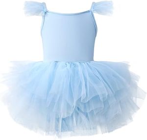 Mädchen Ballettanzug mit Tütü-Rock - Baumwolltrikot Ärmellos Ballettkleid Tanz-Body für Kinder, Blau, XS