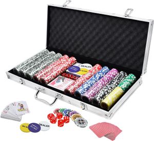Laser Pokerchips 500 Chips Pokerkoffer 12 Gramm Metallkern, inkl. 2X Pokerdecks, 5X Würfel, Dealer Button, Big Blind, Little Blind, Poker-Set - Silver CEEDIR