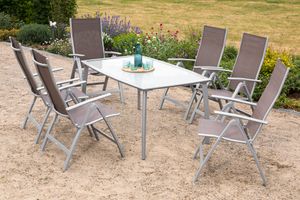 Merxx Gartenmöbelset "Carrara" 7tlg. mit Tisch mit matter Glasplatte 150 x 90 cm - Aluminiumgestell Silber mit Textilbespannung Taupe