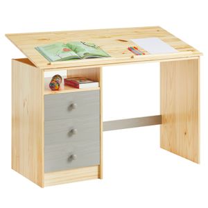 Kinderschreibtisch KEVIN aus Kiefer in natur/grau, schöner Schülerschreibtisch mit Neigungsverstellung, praktischer Schreibtisch mit 3 Schubladen und Ablagefach