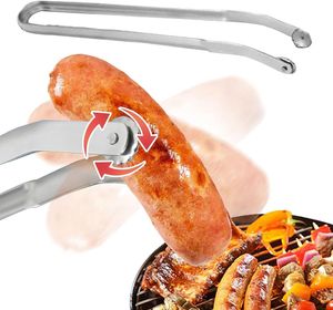 BBQ Grillzange Drehbar, Wurst Grillzange Edelstahl mit Rädchen langem Griff,Mehrzweck Grillzange für draußen