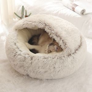 2 v 1 Polouzavřený pelíšek pro kočky, kulatý krátký plyšový dlouhý zimní teplý pelíšek pro kočky, kobliha, 50*50 cm, světle hnědý