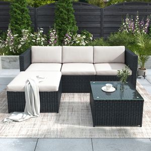 Merax 5-tlg. Polyrattan Lounge Gartenmöbel Lounge Set, Sitzgruppe mit Sofa, Tisch & Hocker, Gartenlounge für 3-4 Personen, Schwarz