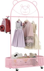 COSTWAY Kinder Kleiderständer höhenverstellbar von 130cm/150cm/182cm, Garderobenständer auf Rädern, Cartoon-Garderobe mit Korb & Bärendekoration