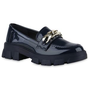 VAN HILL Damen Loafers Slippers Ketten Profil-Sohle Schuhe 840656, Farbe: Dunkelblau, Größe: 36