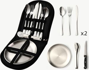 Campinggeschirrset 2 Personen, 9 Teile, tragbar und langlebig, Edelstahlgeschirr für Camping, Picknick