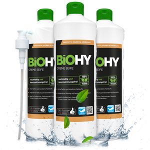 BiOHY Creme Seife (3x1l Flasche) + Pumpspender| Hautschonende, rückfettende und aus dem pflanzlichen Bereich PHOSPHATFREI | Ohne Parfüm und Farbstoffe