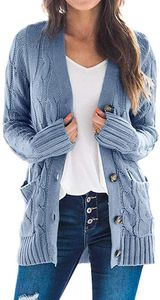 ASKSA Damen Strickjacke Strickpulli Langarm mit Taschen Knopf Pullover Casual Einfarbig Strickmantel, Blau, XL