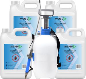 INSIGO 4x2L + 5L Sprüher Anti-Milbenspray, Mittel gegen Milben Milbenbefall Milbenfrei Schutz gegen Eier auf Wasserbasis, fleckenfrei, geruchlos, mit Schnell- & Langzeitwirkung frei EX