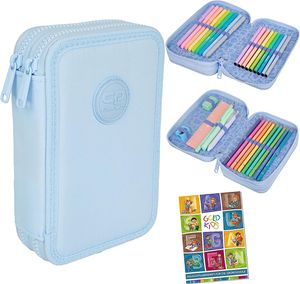 COOLPACK 2-fache Federtasche Federmappe Federmäppchen Pastel Powder Blue 34-teilig Schüleretui Stifte und Pinsel inkl. Aufgabenheft Federbox Etui Stiftetasche Schlamper-Etui Schul-Etui