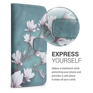 kwmobile Wallet Case kompatibel mit Samsung Galaxy A50 Hülle - Cover mit Ständer und Kartenfächern - Magnolien Taupe Weiß Blaugrau