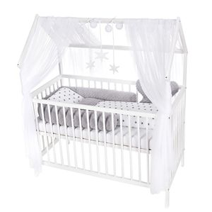 Hausbett Kinderbett 120×60 cm Matratze Minky Bettset Sterne Baumwolle Weiß-Grau