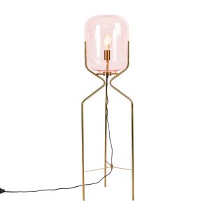 QAZQA - Art Deco Art Deco Stehlampe Messing mit rosa Glas - Bliss I Wohnzimmer I Schlafzimmer - Länglich - LED geeignet E27