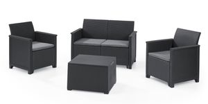 Keter Lounge Set Emma 8dílný, křeslo + pohovka + stolek s úložným prostorem + polštáře na sezení; grafitová barva