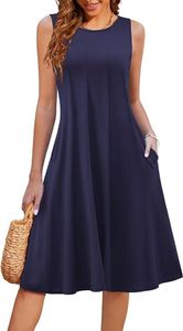 Damen Rundhals Tunikakleid Leicht Strandkleider Elegant Falten Blusenkleid Sommer Maxikleid Ärmelloses Casual Tank Kleid Freizeitkleid Mit Taschen