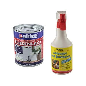 Set 1x Fliesenlack 0,75 Liter (weiß) mit 1x Anlauger und Entfetter Spray 0,5 Liter - Fliesenfarbe