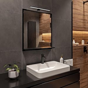 Schwarz Badspiegel mit Beleuchtung 4000 K IP44 H:70 x B: 60 cm - Bathroom Mirror - Badezimmer Spiegel Rechteckig mit Ablage und Schwarze LED-Lampe