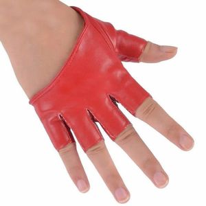 Frauen Damen Mode Half Finger Faux Leder Kurzfigurige Handschuhe Halbpalme - (rot)