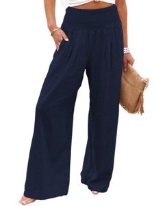 Lässige Damenhosen mit elastischer Taille, Urlaub, Boho, groß, Freizeitkleidung, locker,Farbe: Navy blau,Größe:L