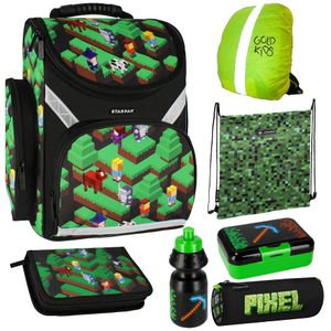 Pixel Game Schulranzen ergonomischer Ranzen Federmappe Turnbeutel Trinkflasche Brotdose Regenschutz 7er Set. Geeignet ab der ersten Klasse der Grundschule