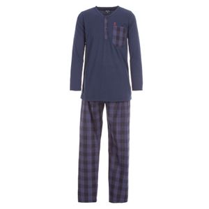 Herren Pyjama langarm Set Baumwolle mit Knopfleiste und langer karierter Hose , Farbe:Blau, Größe:M