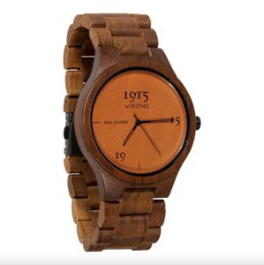 1915 watches™ Dřevěné pánské hodinky s koženým ciferníkem - ø 46 mm | Cognac