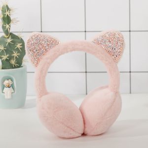 Faltbare Ohrenschützer mit Pailletten, für Damen und Mädchen, Verstellbar Faltbare Katzenohren Plüsch Warmer Ohrmuscheln(Pink)
