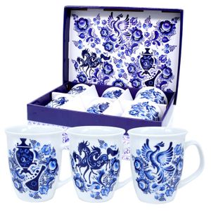 Porzellan Kaffeebecher "Gzhel" 6 Tassen Teebecher Geschenkverpackung Gzel blau chai