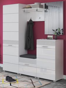 Garderobe komplett Set "Linus" in weiß Hochglanz Flurgarderobe 5-teilig 170 x 190 cm