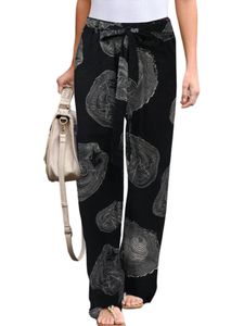 Damen hohe Taille lange Hosen Sommerdruckhose Baggy Elastic Tailled Loungewear,Farbe:Schwarz,Größe:Xl