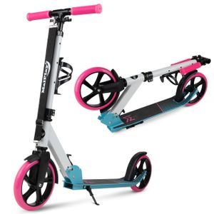 MalPlay Großer Cityroller mit Tragegurt, Bremsen und Flaschenhalter, 200 mm Räder, Roller für Kinder und Erwachsene bis 100kg, klappbar Tretroller, rosa und blau