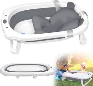 UISEBRT Faltbare Baby Badewanne Babybadewanne Faltbadewanne Ergonomische Bathtub Anti Rutsch mit Abfluss Badewannenkissen für Neugeborene (Anthrazit mit Kissen)