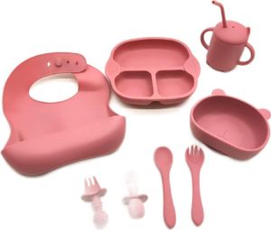 Jissta Kindergeschirr Baby Teller 8 teiliges Set Kinderteller mit Saugnapf Teller Lätzchen Schüssel Löffel Gabel Baby Trinkbecher Silikonplatte Baby rutschfest ohne bpa Rosa