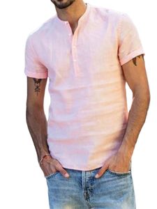 Kurzärmliges Hemd aus Baumwolle und Leinen für Herren mit einfarbigem Oberteil,Farbe: Pink,Größe:3XL