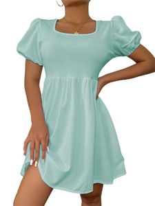 Damen Lose Tunika T-Shirt Kleid Boho y Swing Kurze Minikleider Einfach,Farbe: Himmelblau,Größe:L