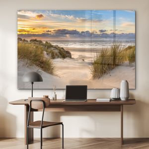 MuchoWow® Große XXL Glasbilder - Bilder auf Wandbild - Foto auf Glas Strand - Düne - Gras - Sonnenuntergang - Meer 150x100 cm Wanddekoration aus Glas - Acrylglasbild - Acrylbilder - Moderner