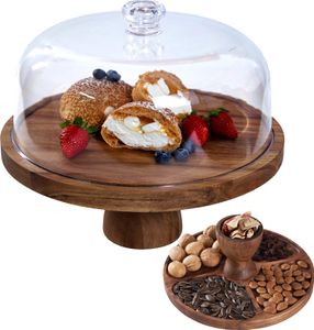 Tortenstaender mit Deckel, multifunktionales doppelseitiges Design, runder 12-Zoll-Tortenstaender aus Holz, 2-in-1-Desserttisch-Praesentationsset, Wurstbrett mit grosser Kuchenglocke aus Acryl fuer Kaese- und Obstteller