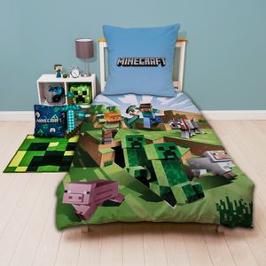 Minecraft Bettwäsche für Jungen · Kinderbettwäsche 135x200 80x80 cm aus 100% Baumwolle mit Reißverschluss · Buntes Motiv mit weißer Wendeseite