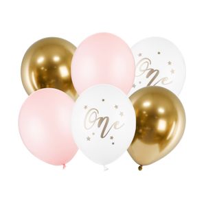 6 Ballons One1. Geburtstag weiß gold rosa