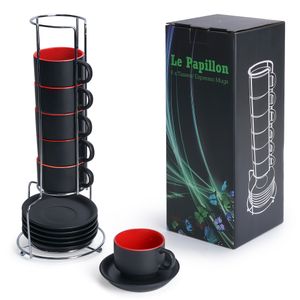 MIAMIO - 6 x 75 ml Espresso Tassen Außen Schwarz Innen Farbig (Rot)