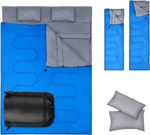 Doppel Schlafsack für 1 oder 2 Personen, multifunktionaler Deckenschlafsack, Einzelschlafsack mit 2 Kopfkissen & Tragetasche, wasserdichter Sommerschlafsack Drinnen & Draussen (Blau)