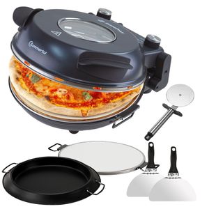 Sommertal PizzaProfi Pizzaofen, 32cm Pizzastein, schnelle 3-Minuten Pizza, 5-teiliges Set mit Pfanneneinsatz, 2x Pizzaschieber, Pizzaschneider, Steinplatte, Sichtfenster, max. 400°C