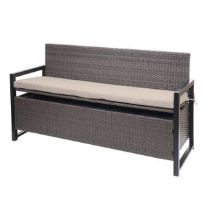 Polyratanová 3místná lavice HWC-F39, zahradní lavice lavice truhla, úložný prostor sedák  šedá-mottled, polštáře béžová