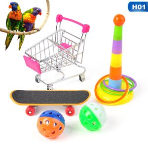 4 Stück Vogel Trainings Spielzeug Set, Einkaufswagen, Basketball, Stapelring Spielzeug Skateboard Intelligenzspielzeug für Papageien