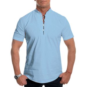 Herren Stehkragen Kurzarm Tops Casual T-Shirt Bluse Pullover Tunika Knöpfe,Farbe: Hellblau,Größe:L